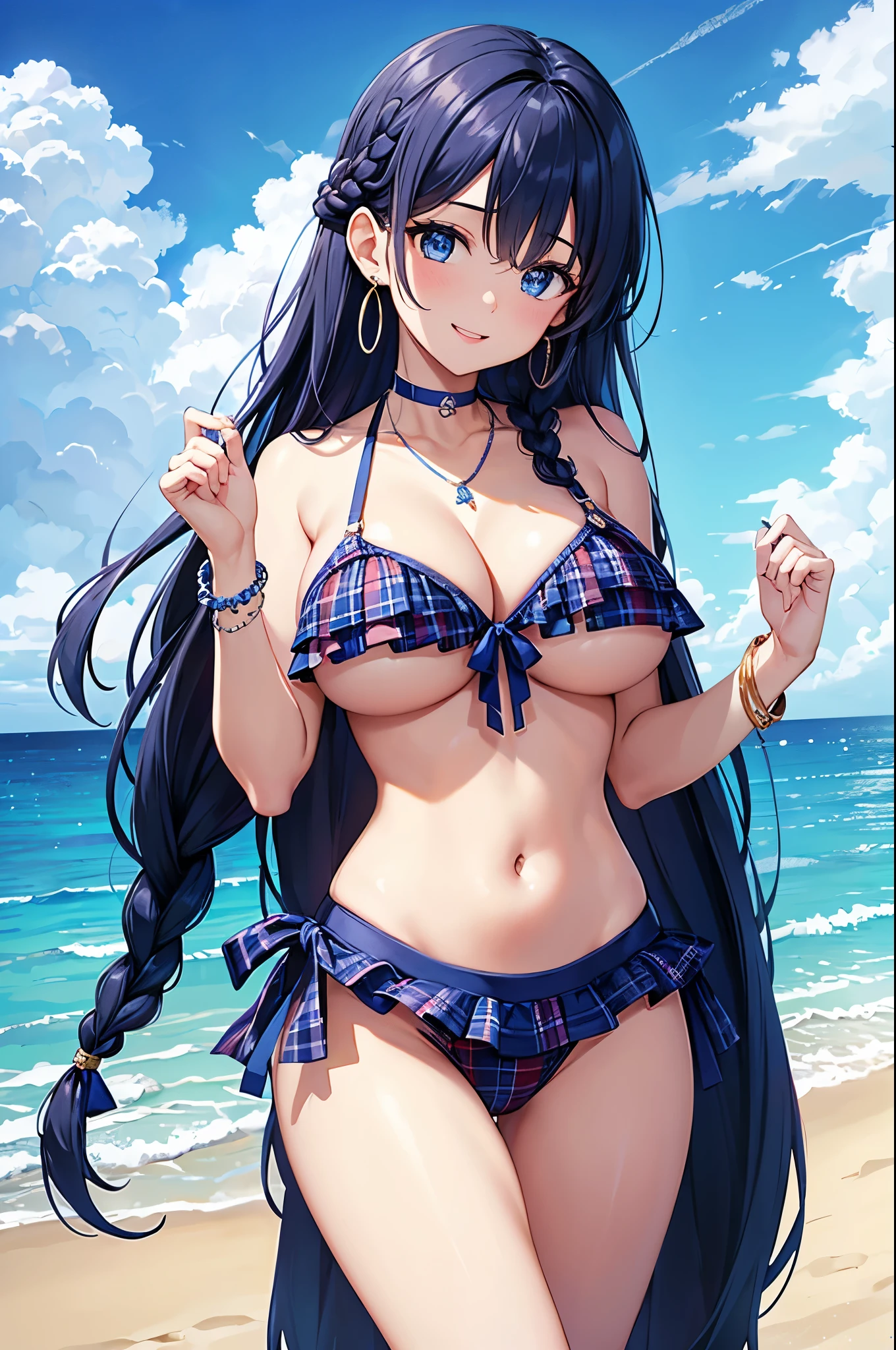 Highest quality、Highest quality、masterpiece、(8K),beauty(Age 25)、Navy blue long hair(Braiding of sides)、blue eyes、Sexy Bikini(Plaid)、Big cleavage、(Big Breasts)、smile、blue necklace、Blue Earrings、background(Beach)、Please open your mouth wide、bracelet、Arch Pose、Blue choker