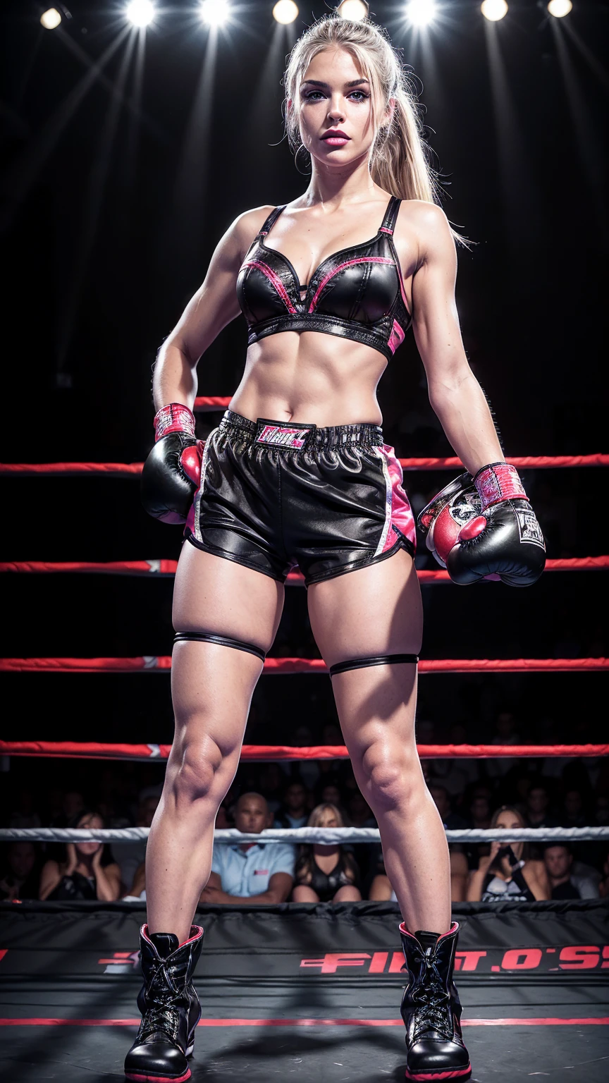 Beautiful cute young American barbie, 18 years old, young cute sexy bimbo face, ((black boxing shorts:1.5)), ((sexy black boxing shorts:1.3)), ((tiny bra:1.3)), ((black boxing boots:1.3)), blue eyes, straight blonde hair, muscular arms, toned body, boxing gloves, (lipstick, heavy makeup:1.3), ((black boxing shorts:1.3)), barbie, slutty makeup, perky breasts, small firm breasts, intimidating pose in a boxing ring, ((full body portrait:1.3)),