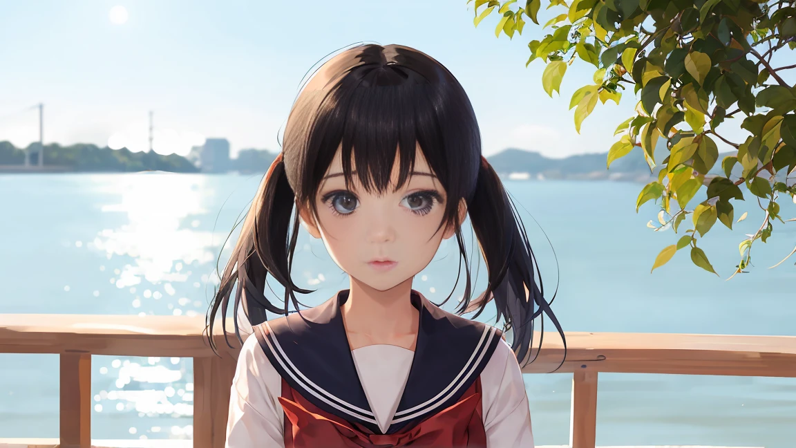 girl、My face is hazy、Sailor suit、He's aiming a gun at me、Curved road sign、Black Hair、short hair、Look down、Sit on top of the car、sitting cross-legged、One person