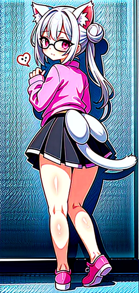 I have white pink hair, cat ears, a bun, my face is super blushing, black glasses, pink heart eyes, a big pink sweatshirt, a black skirt, black stockings, white shoes, a cat's tail, a girl. very shy that she is glued to a wall with her butt