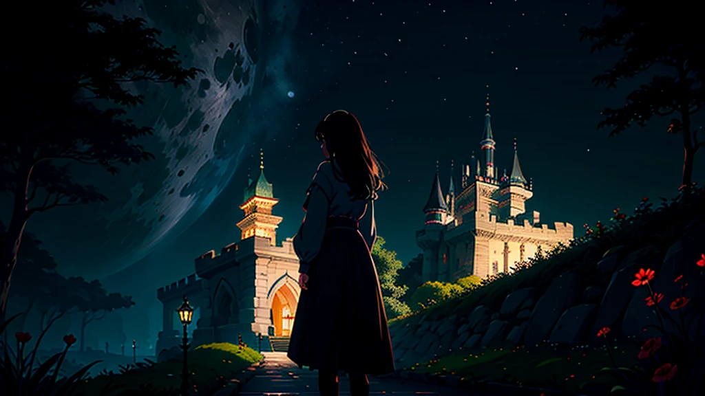 A dark-haired girl walking through a castle garden on a full moon night