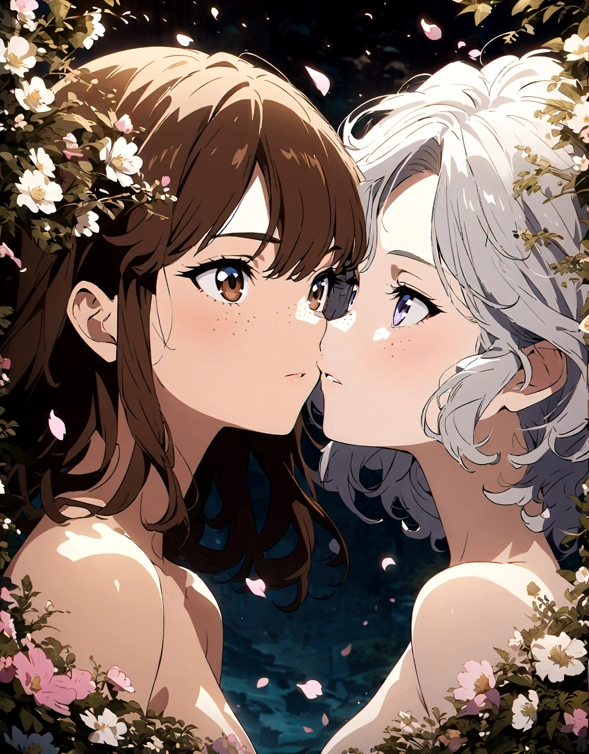 beautiful anime girls, two girls kissing, one girl has short wavy brown hair, the other has silver hair, freckles. Naked, small breasts, petals, dark eyelashes, perfect eyes, perfect face, intricate, intricate details, epic, character portrait, cinematic portrait, anime, anime art