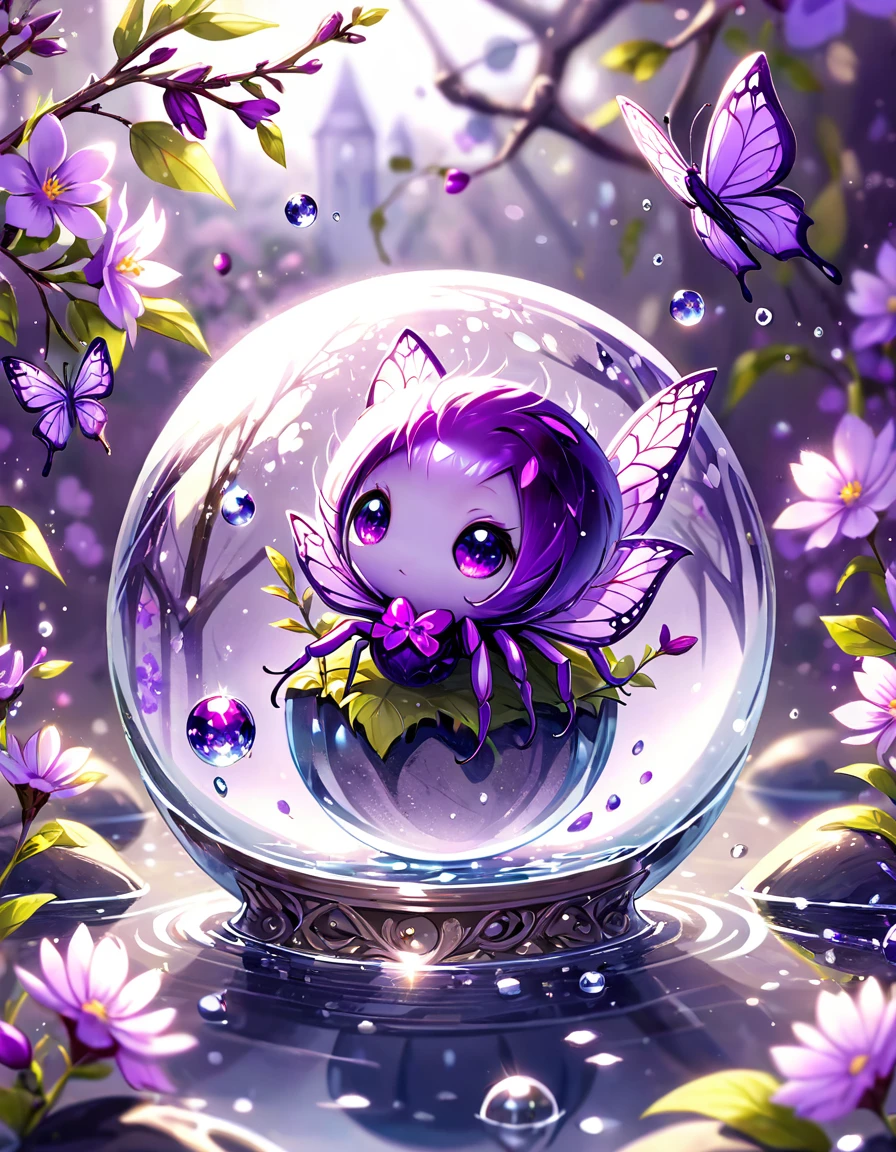 absurdres, highres, ultra detailed, HDR, master piece, best quality, extremely detailed, small purple spider, solo, cute, small, fantasy, magical, magic, purple butterflies, purple petals, purple flowers, water, blossoms, crystal ball