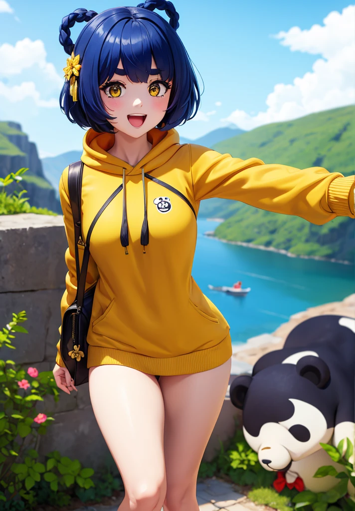 Masterpiece, Best Quality, 1 girl, Xiangling (genshin impact), selfie, SMILE, hair ornament, IN, looking at the viewer, yellow eyes, short hair, :d, fringe, hair pin, Open mouth, long sleeves, thick eyebrows, Hoodie, >_<, blue hair, puesta de sun, Casual, blurred, Arm raised, fringe romo, Upper part of the body, suno, disfraz alternatiINo, sun, reaching the viewer, Xd, sweater, outdoor, braid, panda, mountain, depth of field, sky