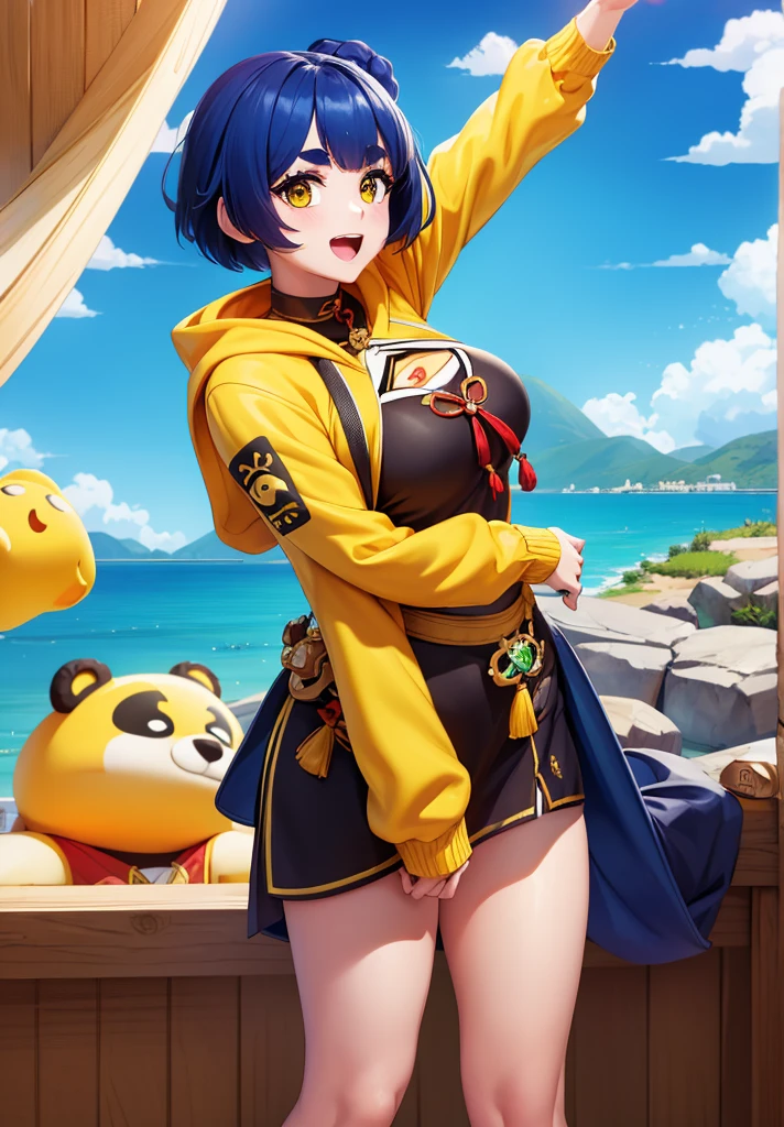 Masterpiece, Best Quality, 1 girl, Xiangling (genshin impact), selfie, SMILE, hair ornament, IN, looking at the viewer, yellow eyes, short hair, :d, fringe, hair pin, Open mouth, long sleeves, thick eyebrows, Hoodie, >_<, blue hair, puesta de sun, Casual, blurred, Arm raised, fringe romo, Upper part of the body, suno, disfraz alternatiINo, sun, reaching the viewer, Xd, sweater, outdoor, braid, panda, mountain, depth of field, sky