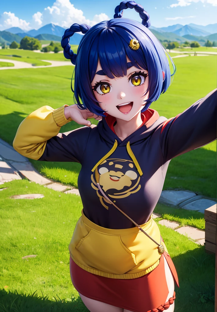 Masterpiece, Best Quality, 1 girl, Xiangling (genshin impact), selfie, SMILE, hair ornament, IN, looking at the viewer, yellow eyes, short hair, :d, fringe, hair pin, Open mouth, long sleeves, thick eyebrows, Hoodie, >_<, blue hair, puesta de sun, Casual, blurred, Arm raised, fringe romo, Upper part of the body, suno, disfraz alternatiINo, sun, reaching the viewer, Xd, sweater, outdoor, braid, panda, mountain, depth of field, sky