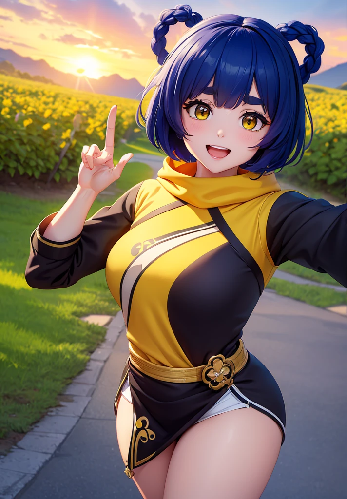 Masterpiece, Best Quality, 1 girl, Xiangling (genshin impact), selfie, SMILE, hair ornament, IN, looking at the viewer, yellow eyes, short hair, :d, fringe, hair pin, Open mouth, long sleeves, thick eyebrows, Hoodie, >_<, blue hair, puesta de sun, Casual, blurred, Arm raised, fringe romo, Upper part of the body, suno, disfraz alternatiINo, sun, reaching the viewer, Xd, sweater, outdoor, braid, panda, mountain, depth of field, sky