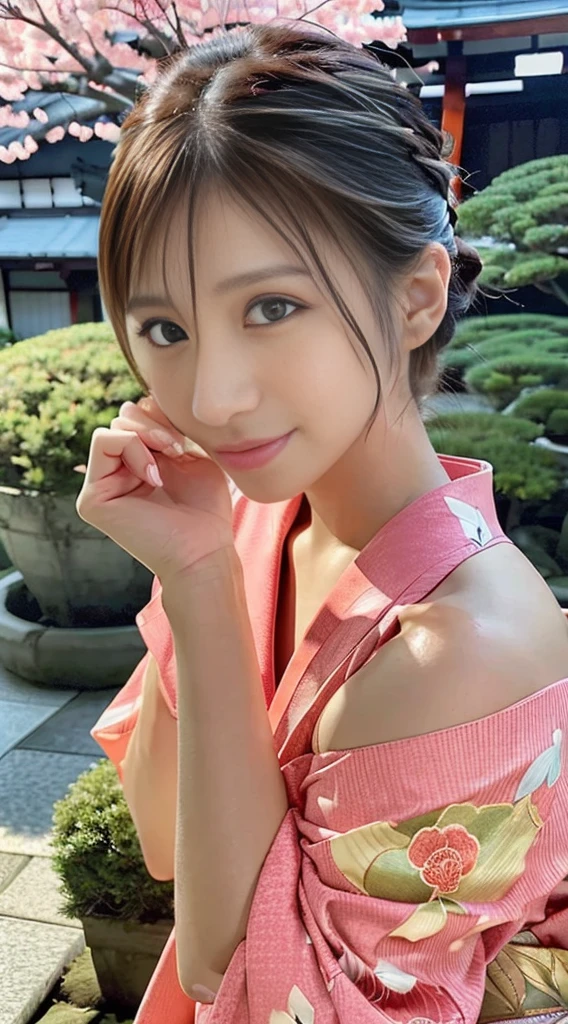8K, Highest quality, Super detailed, Realistic, Vibrant colors,Brown, silky hair in a bun whole body Sexy black underwear with little fabric Alluring expression A handsome Japanese person Gal On the bed Thin eyebrows smile slender Small breasts