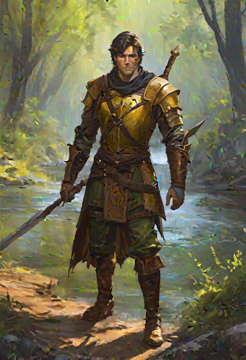 digitalpainting, pictorial \(styled\), male rogue from the Elder Scrolls series, trunk, 1920x1080, short dark hair, golden eye, Light green skin, brown leather armor, without shoulder pad, Dynamic shading, expressive brushstrokes, oil on canvas, extremely detaild, light and dark colors , full body image, near river in a forest,