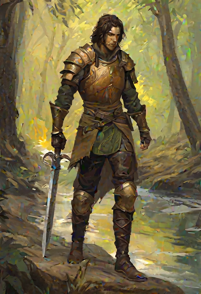 digitalpainting, pictorial \(styled\), male rogue from the Elder Scrolls series, trunk, 1920x1080, short dark hair, golden eye, Light green skin, brown leather armor, without shoulder pad, Dynamic shading, expressive brushstrokes, oil on canvas, extremely detaild, light and dark colors , full body image, near river in a forest,