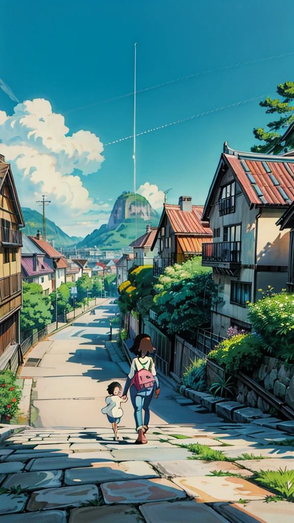 a painting of a street with houses in the background, rio de janeiro in an anime film, makoto shinkai. high detail, anime scenery concept art, style of makoto shinkai, makoto shinkai art style, anime. by makoto shinkai, by Makoto Shinkai, by makoto shinkai, anime scenery, kyoto animation, 4k hd,, beautiful art uhd 4 k, a beautiful artwork illustration, beautiful digital painting, highly detailed digital painting, beautiful digital artwork, detailed painting 4 k, very detailed digital painting, rich picturesque colors, gorgeous digital painting, saturated, no human