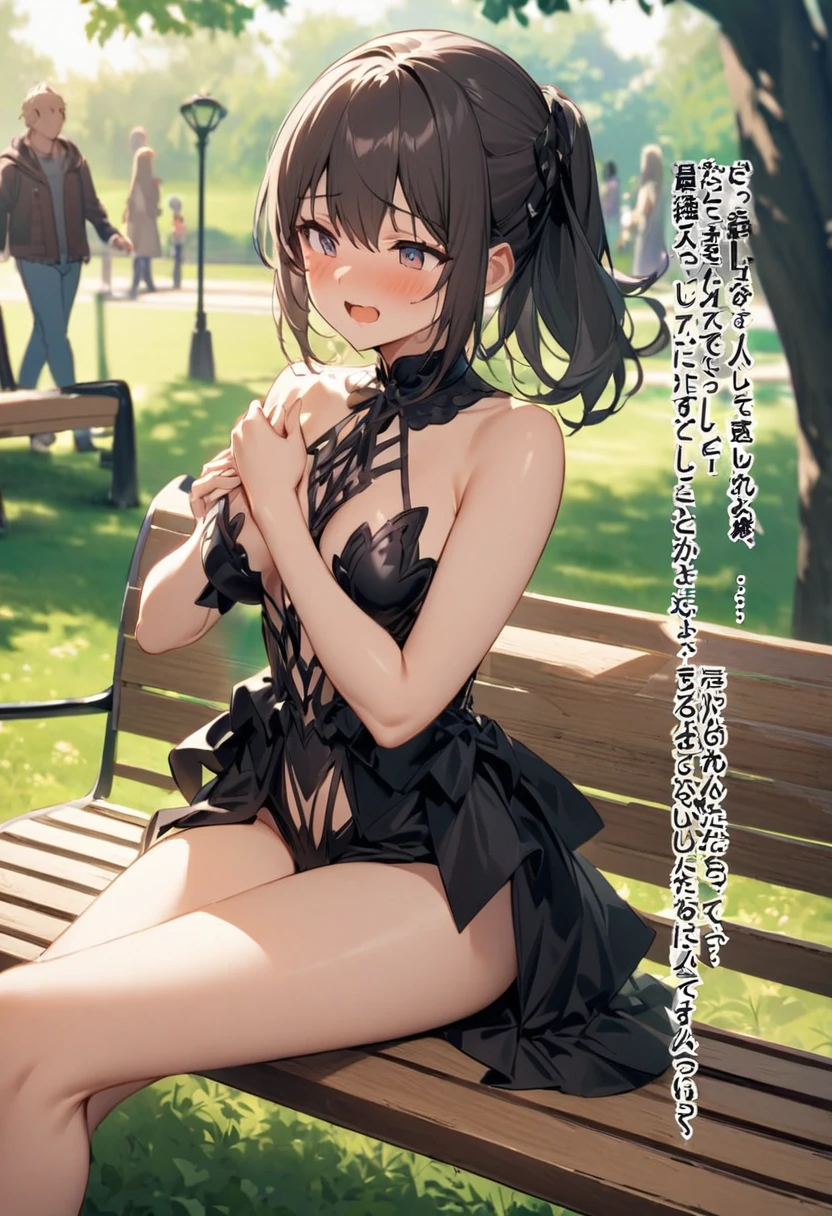 A girl in a revealing outfit masturbates in the park while following prompts. She sits on a park bench, I took off my clothes as instructed. Excitedly touching her own body, Stimulate the. She is the people around her. Be careful not to be found by, Depicting a figure drowning in pleasure.