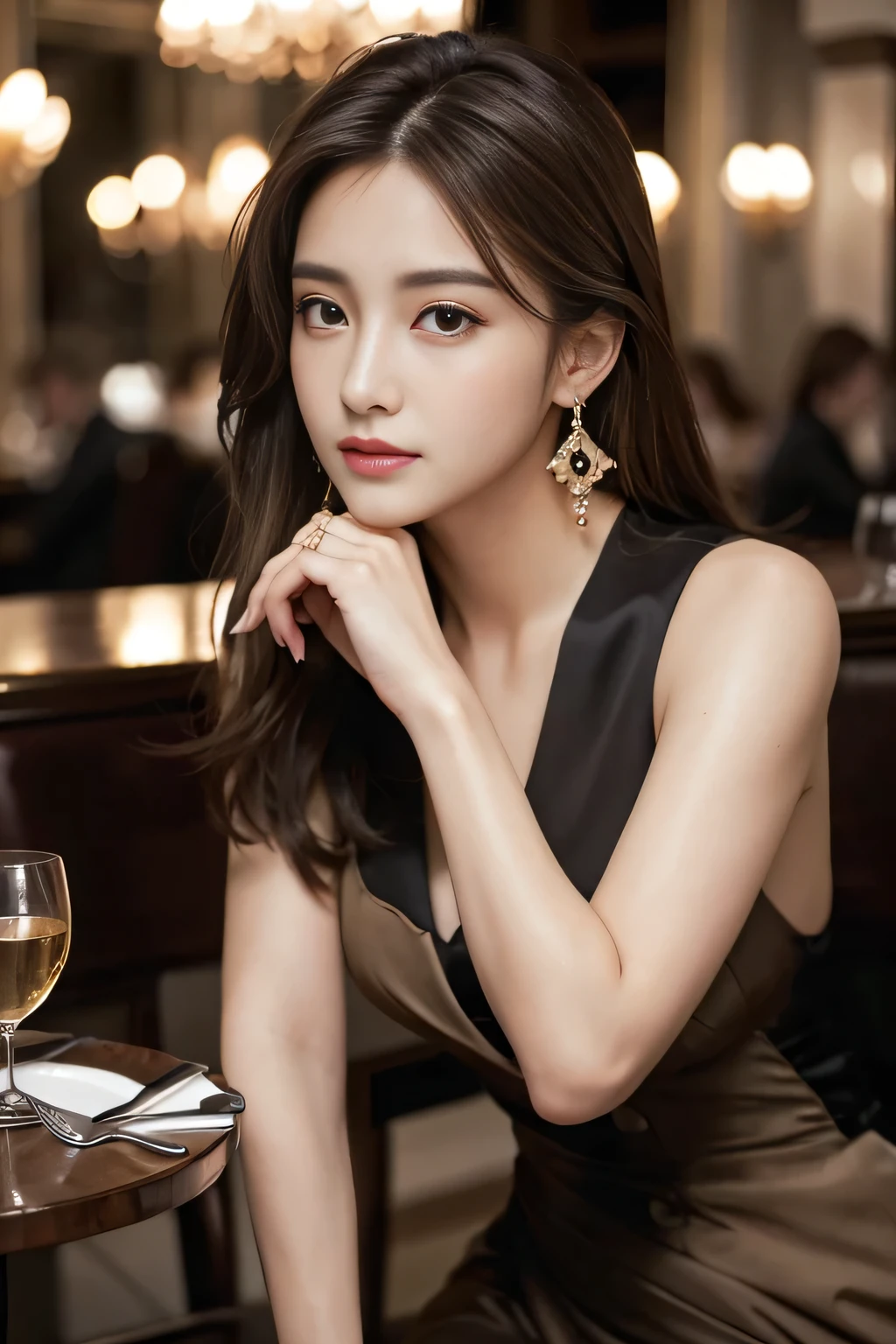 masterpiece, Highest quality, Realistic, Very detailed, Finer details, High resolution, 8k wallpaper, One beautiful woman, Wear a nice suit, In a great restaurant, At night, Light brown messy hair, Perfect dynamic composition, Beautiful and beautiful eyes、Big earrings、Sit on a chair、