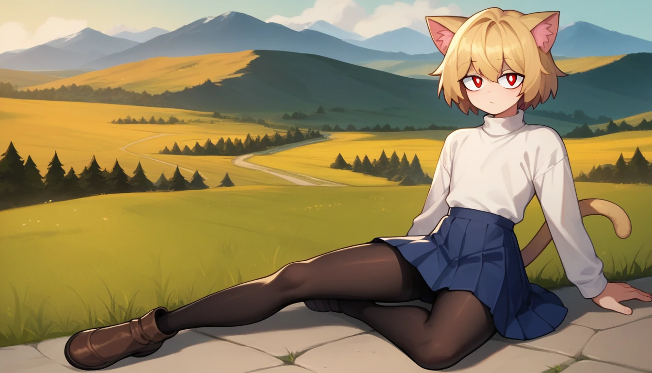 score_9, score_8_up, score_7_up, score_6_up, score_5_up, score_4_up, BREAK, 1boy, solo, necoarc, lit pupils, cat ears, blonde hair, red eyes, :3, turtleneck, blue skirt, pleated skirt, pantyhose, brown footwear, femboy, (dynamic poses), highlight thighs, landscape