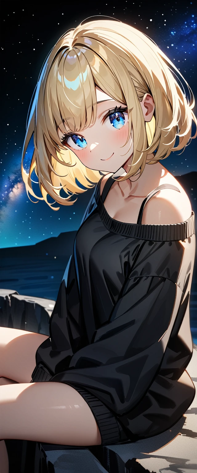 (((a beautiful starry sky, the Milky Way shining beautifully in the night))), ((bare legs)), ((Aran sweater)), ((((from side)))), upper body, ((sitting on the very high cliff)), wavy hair, inward curled hair, sea, ((blond hair, bob cut:1.3)), breasts, ager, (looking at viewer), oversized clothes, puffy long sleeves, ((off-shoulder sweater:1.3, Quite thick shoulder straps)), ((black sweater)), collarbone, head tilt:1.3, (((blue eyes))), happy smile, (((anime style))), (best quality, 4K, 8K, highres, masterpiece:1.2, ultra-detailed, ultra-detailed eyes, HDR, uhd, studio lighting, ultra-fine painting, sharp focus, physically-based rendering, extreme detail description, professional, vivid colors, bokeh)