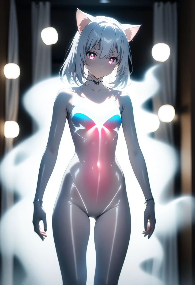 Prompt: 1girl, anime, cat ears, (glowing), (((translucent catgirl))) best quality, masterpiece, raw photo, transparent body, ((light white body, white aura, ghost light)), Dynamic lighting