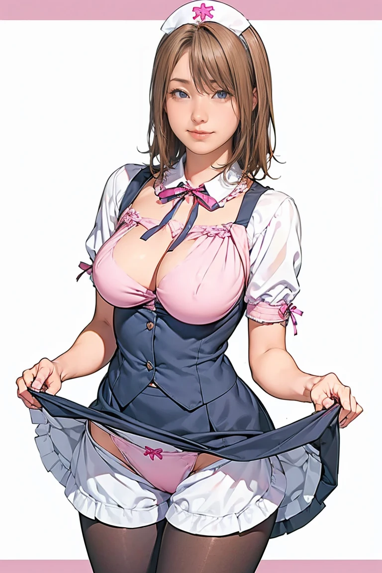 (masterpiece、Highest quality)、(Photo Real:1.4)、 Mature Woman, Beautiful thighs、Front view、1 Girl、30 years old、Perfect Face、Symmetrical cute face、(Random hairstyle、blonde)、Big eyes、Long eyelashes、((expensive))、Beautiful Hair、Beautiful Face、Beautiful and beautiful eyes、Perfect proportions、Beautiful breasts、Beautiful feet、Beautiful fingers、((High quality fabric、Pink nurse uniform、Skirt flip))、(To the hospital)、Are standing、 (smile), (((Skirt lift with both hands、Panties and pantyhose are visible)))