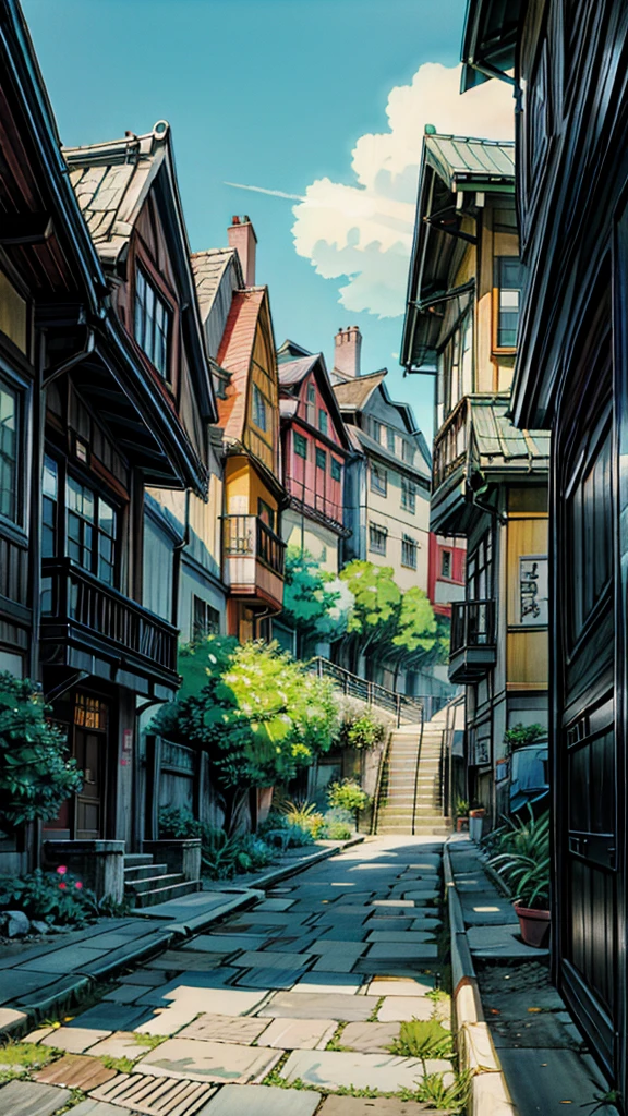 a painting of a street with houses in the background, rio de janeiro in an anime film, makoto shinkai. high detail, anime scenery concept art, style of makoto shinkai, makoto shinkai art style, anime. by makoto shinkai, by Makoto Shinkai, by makoto shinkai, anime scenery, kyoto animation, 4k hd,, beautiful art uhd 4 k, a beautiful artwork illustration, beautiful digital painting, highly detailed digital painting, beautiful digital artwork, detailed painting 4 k, very detailed digital painting, rich picturesque colors, gorgeous digital painting, saturated, no human