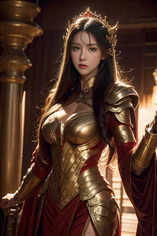 (Best Quality,hight resolution,Masterpiece:1.2),HDR,Ultra-detailed,Realistic,Photorealistic:1.37, Girl with long hair, red eyes, solo, white long dress, Irelia, looking at the viewer, white colored hair, bronya, lips, corner, symmetric eyes, medieval background, Chinese, Ancient battlefield, Chinese female general, holding a sword in her hand, Serious expression, whole body, Stunning facial features, Red robe, armor, boots, Yellow sand flying in the sky, Fire, game model, stunning lighting, oc rendering, Film Rim Light, exquisite lighting, Ultra Detailed, Epic creation, Ultra HD, best quality, masterpiece, high quality, 8K