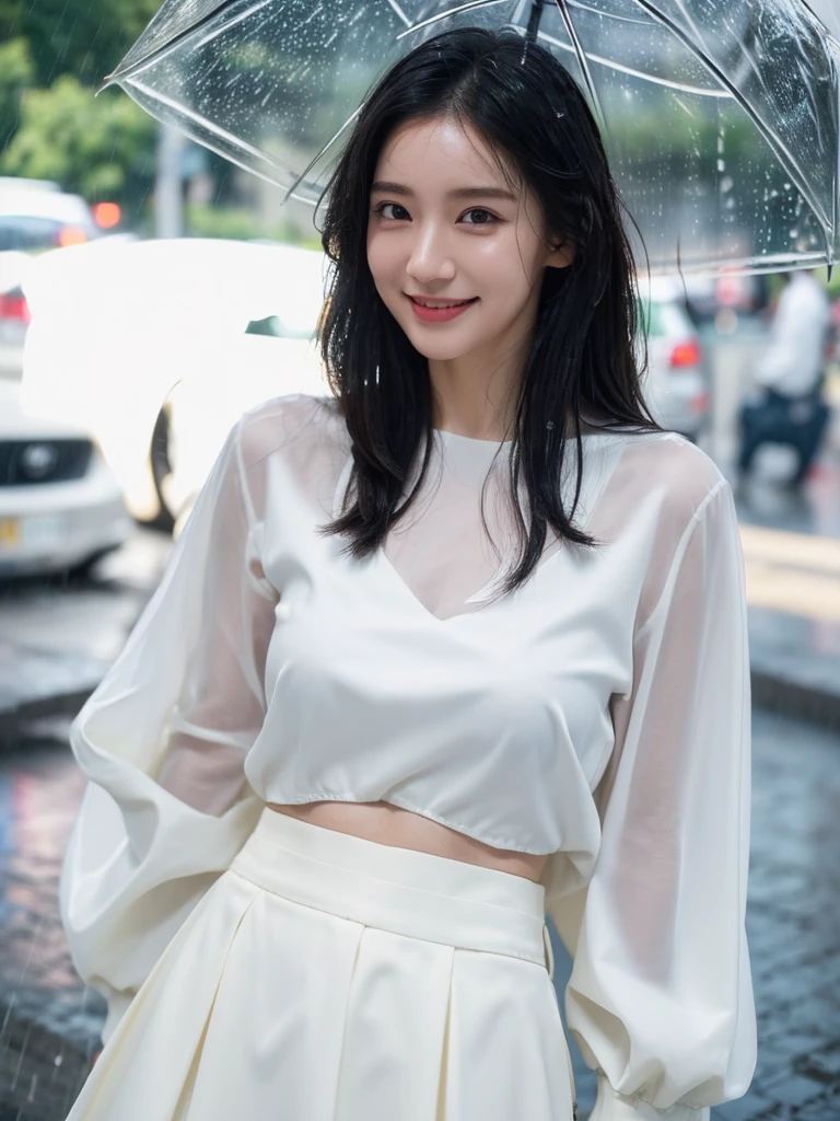 ((best quality, 8K, masterpiece: 1.3)),upper body,Black Hair, black eye,sharp focus: 1.2, beautiful woman : 1.4, ((medium hair, large: 1.2)), (small and beautiful hard (White long sleeve blouse with lace、Silk darkmagenta long skirt), (wet from rain: 1.3), (rain, street: 1.2), wet body: 1.2, Highly detailed face and skin texture, detailed eyes, double eyelids, White skin,E cup,smile,Financial district of the big city,Skyscraper,White skin,Wet Hair、Wet Skin、Wet clothes、smile、