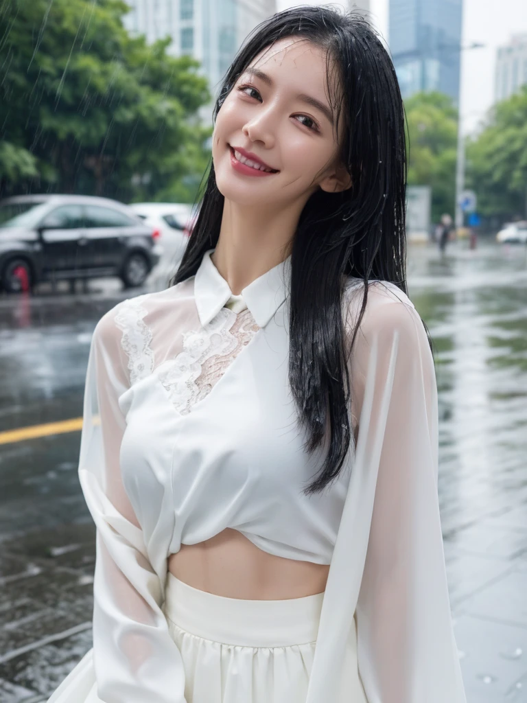 ((best quality, 8K, masterpiece: 1.3)),upper body,Black Hair, black eye,sharp focus: 1.2, beautiful woman : 1.4, ((medium hair, large: 1.2)), (small and beautiful hard (White long sleeve blouse with lace、Silk darkmagenta long skirt), (wet from rain: 1.3), (rain, street: 1.2), wet body: 1.2, Highly detailed face and skin texture, detailed eyes, double eyelids, White skin,E cup,smile,Financial district of the big city,Skyscraper,White skin,Wet Hair、Wet Skin、Wet clothes、smile、 