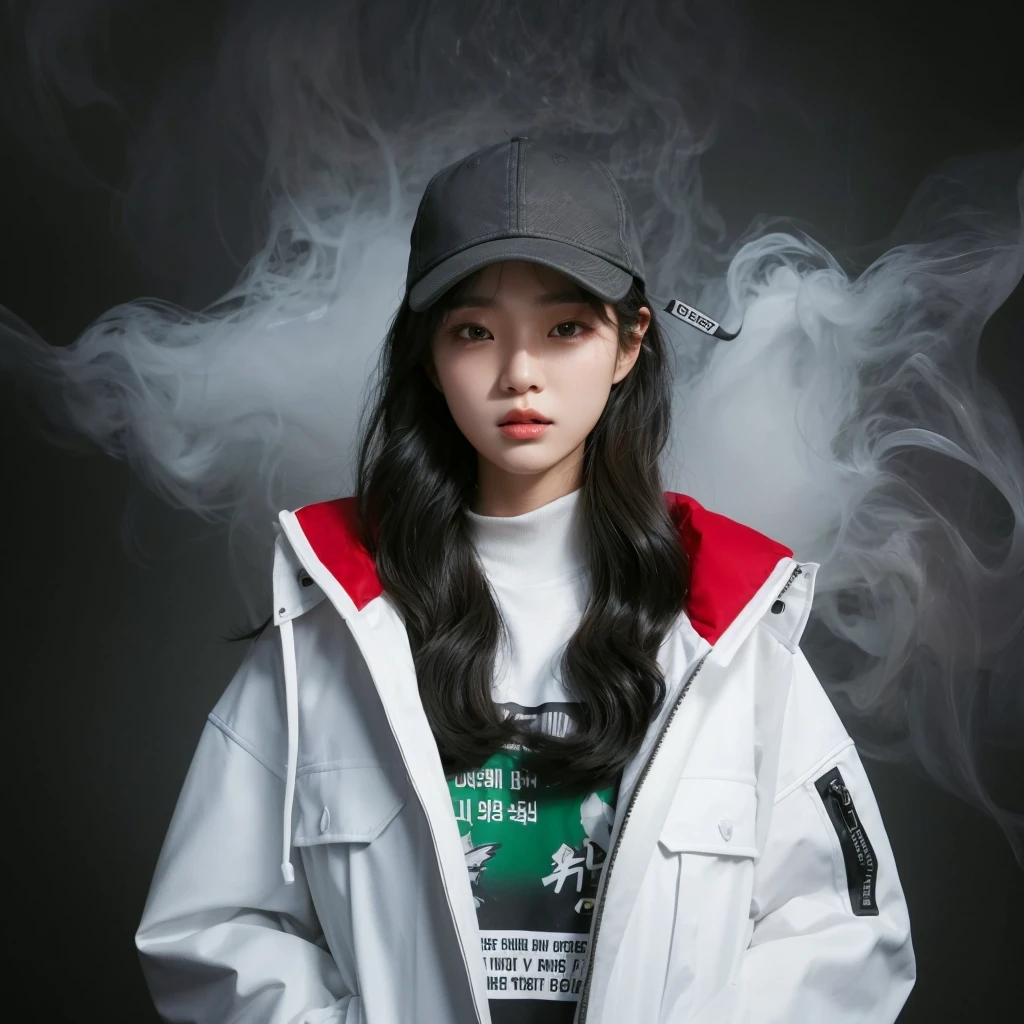 a korean young woman, wearing a baseball cap, a white jacket with a red collar, and a white T-shirt with black and green text. The background features a bold grey with smoke. The expression is neutral, and the overall style is detailed and vibrant, realistic. half body photo