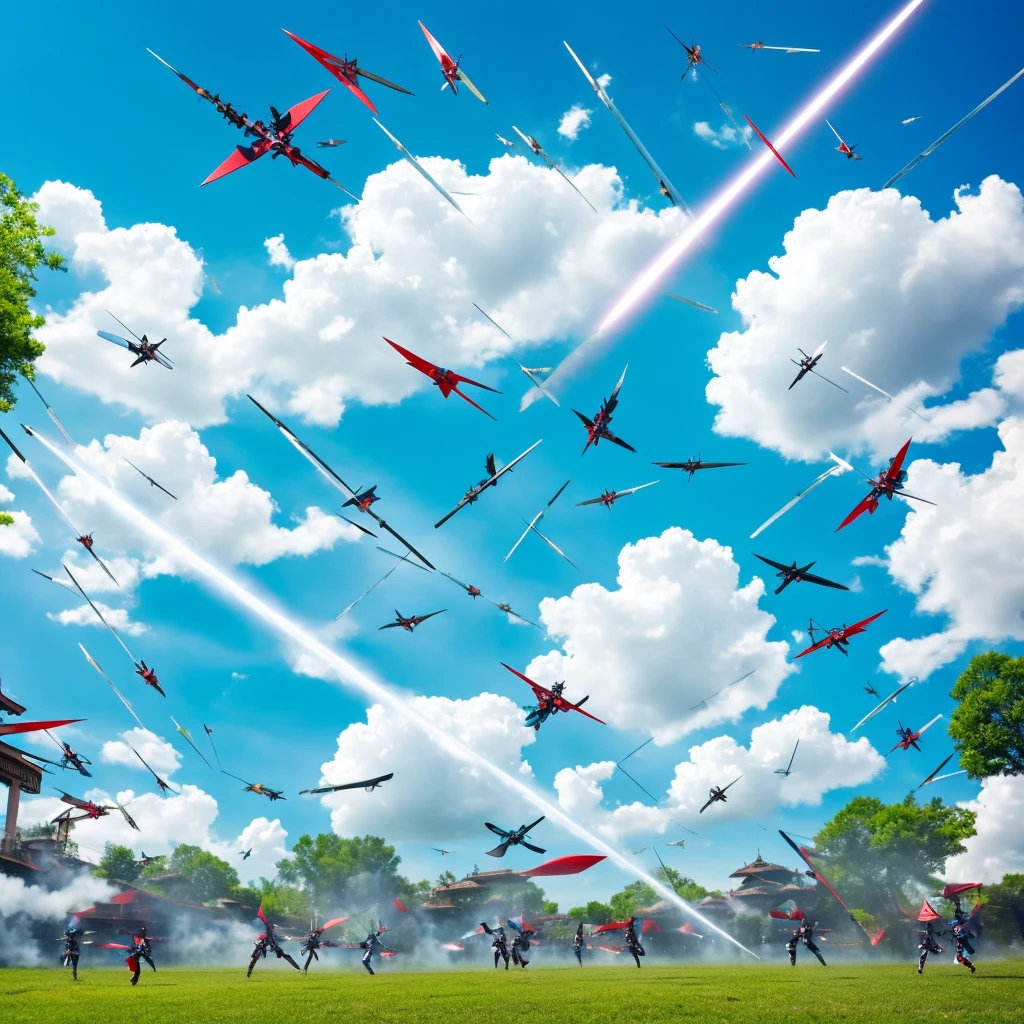 Aerial swordfighting ninjutsu fighters, falling from the sky, sparks from metal on metal contact, clouds, bright spring day.. No extra legs, no extra body parts,  