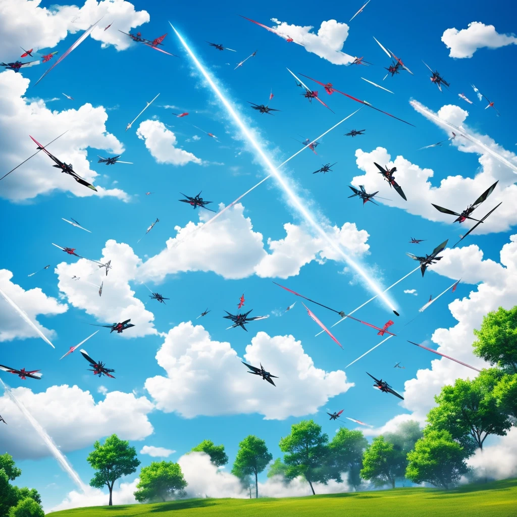 Aerial swordfighting ninjutsu fighters, falling from the sky, sparks from metal on metal contact, clouds, bright spring day.. No extra legs, no extra body parts,