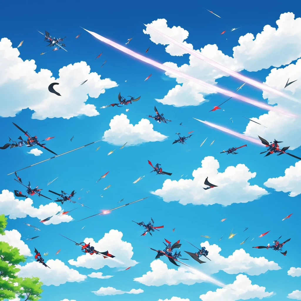 Aerial swordfighting ninjutsu fighters, falling from the sky, sparks from metal on metal contact, clouds, bright spring day.. No extra legs, no extra body parts,