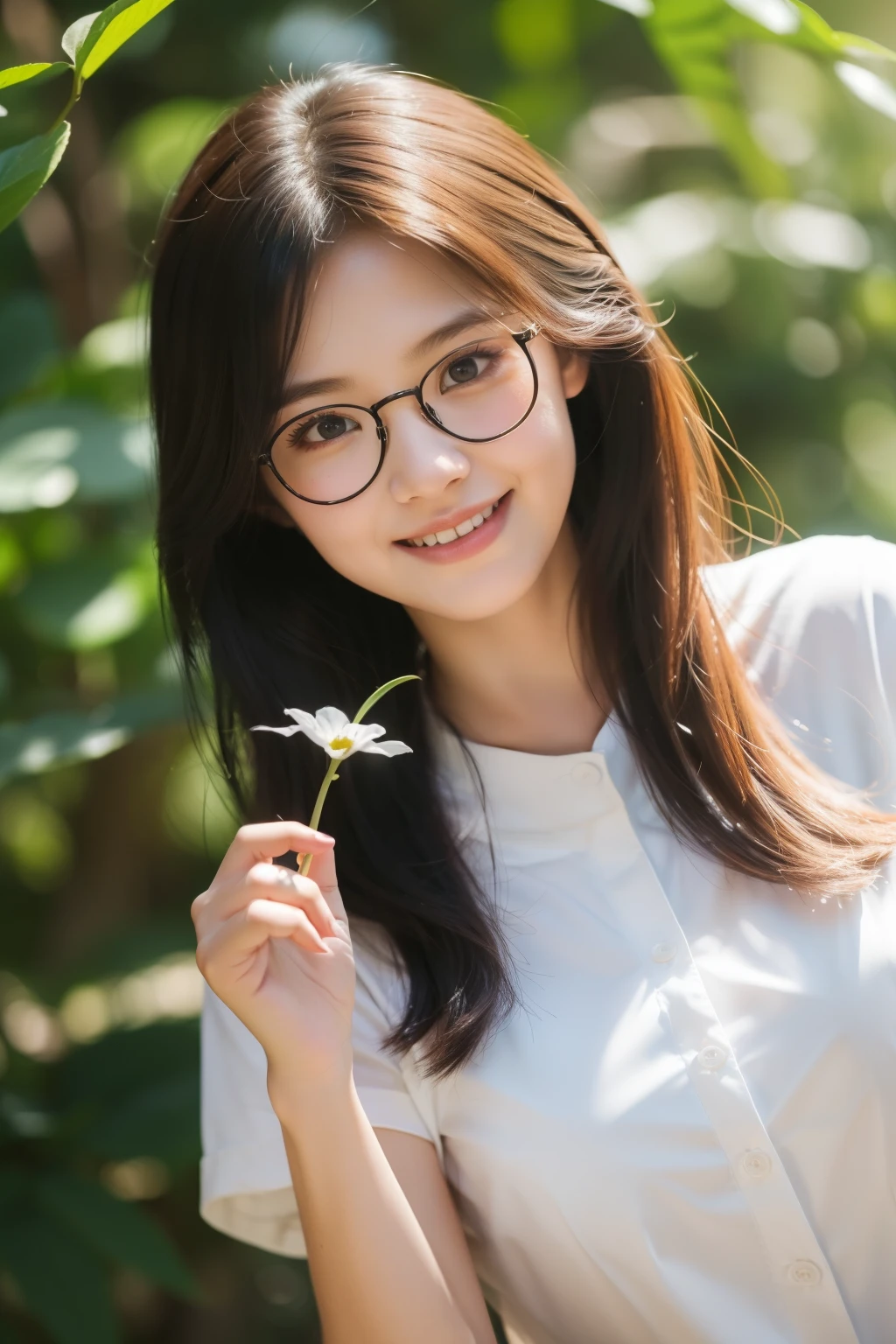masterpiece, best quality, High school student,15 years old,Round glasses,Holding a flower in hand,youth,Light shirt,Thin stature,White background,happy,Smile,Smile,Hair accessories,Light,Sunlight,Lighting,Light and Shadow,(Extremely detailed CG unity 8k wallpaper), (best quality), (Best Illustration Award), (The best shadow), absurd, Realistic lighting, (abyss), Beautiful and delicate light, Leng Jun