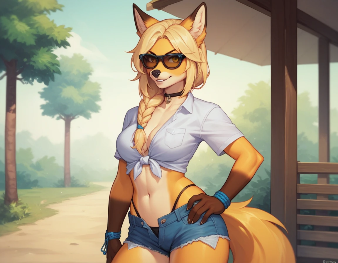 Solo, Score_9, score_8_up, score_7_up, Kimiko, An Anthro furry fox girl, yellow furry body, yellow fox tail, yellow eyes, black nose, blonde hair, braided hair, wearing blue daisy dukes, white shirt tied up, visible thong, hand on hip, sunglasses, outdoors, sunny day,