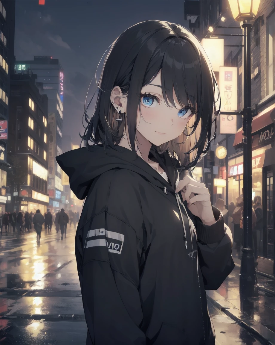Highest quality, Volumetric lighting, Cinema Lighting, masterpiece, Ultra-high resolution, 4K, (Soft, round and detailed face), (Sad expression), (Detailed blue eyes), Sagging under the eyes, Thick eyebrows, Pushed down, smile、 (very pale skin), Detailed black hair, ((Long, dirty, oily hair)), (Plain black hoodie), Black stud earrings, Black nail polish, Unwashed, Sloppy, Disarray, Sodium street lamp, Sunny, London, snow