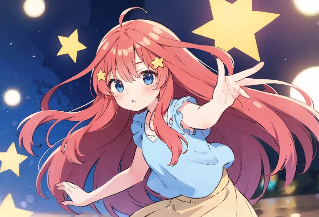 itsuki Nakano, Official art、Beautifully Aesthetic:1.2)、patterns、Hair spreads throughout、4k, excellent quality, Ultra Detail, Soft Light, Deep Focus Bokeh, Ray Tracing, --niji 5. Nakano itsuki from the quintessential quintuplets, itsuki Nakano, long fluffy red hair, blue eyes, nakano_itsuki, star hairclips, splendid, dynamic pose, excellent character design, star hair ornament , perfect face, neat, clean, perfect definition  aaitsuki, long fluffy hair,bangs,hair between eyes, (Casual Outfit),  long beige skirt, sleeveless top,surrounded by stars, playing with stars, curious amazed face