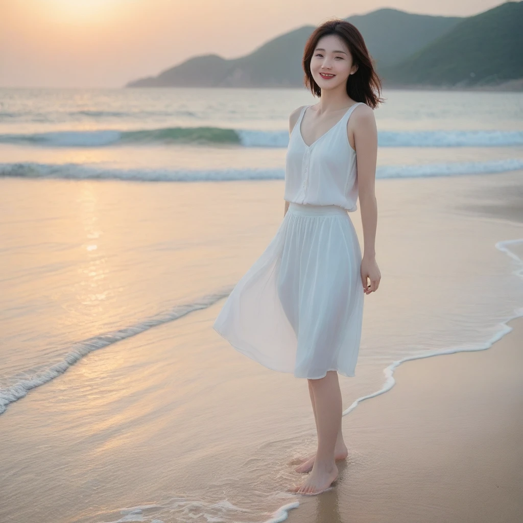 sunset red sun on the beach，A strong lingering scent is reflected in the sea., Beautiful 36-year-old short Korean woman, Chest size 34 inches, Wear sleeveless, light skirt. beautiful pretty woman look , wearing a light skirt , Go far into the sea water and dip your toes., Short medium hair blowing in the wind, 1 short woman, beautiful eyes, a little smile, Full-body photo taken from afar with a wide-angle lens, The background is clean and perfect., waves moved by the wind