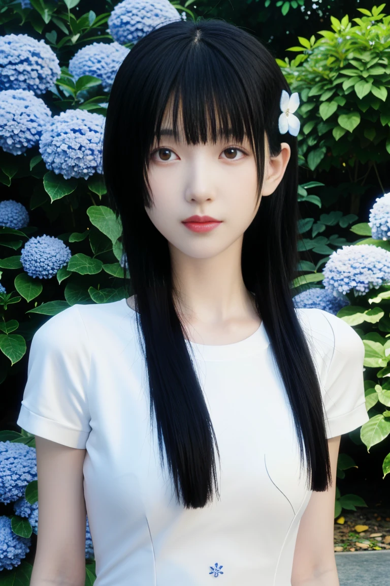 best quality, tmasterpiece,Ultra-high resolution,Clear face,(Reality:1.4),ferpect lighting,(upper body photo), (photorealistic:1.50), anime wallpaper, Guviz style artwork, cover-up fantasy up to magic , by Yang J, Guviz, beautiful artwork illustration, beautiful digital artwork, beautiful digital illustration, Li Song, beautiful anime portrait, art style in Beauvot, 1girl, 独奏, red eyes, hair flower, , serafuku, hydrangea, Garden, from above,