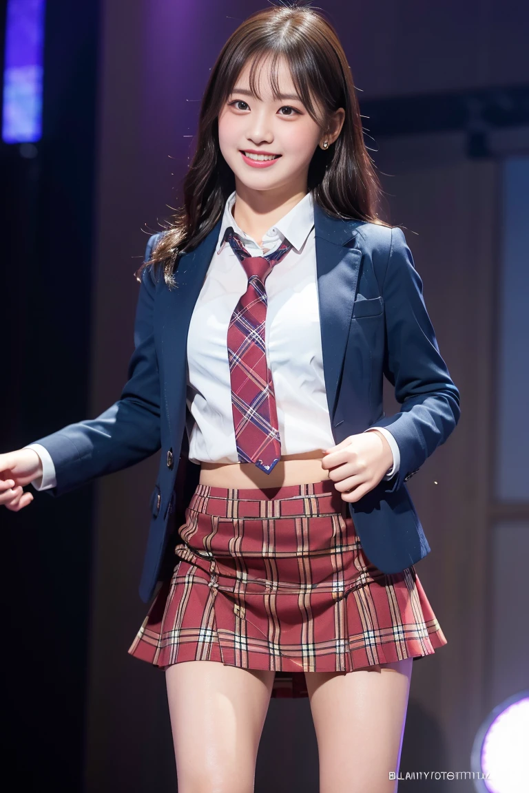 (8k), (highest quality: 1.2), (Realistic), (Realistic: 1.37), Ultra-high resolution, 1 girl, cute, (Embarrassed smile:1.2), (Blushing:1.4)Mouth closed, Beautiful details, Beautiful Nose, Wet Hair, Giant Dulcefo, pork, Thighs,Navel exposed,University Student Uniform,A simple blazer,Pleated skirt,Platform boots,Dancing on the school stage,(Shiny Thighs:1.2),Medium Shot,Thick thighs,(The skirt and tie are tartan check pattern.:1.3),