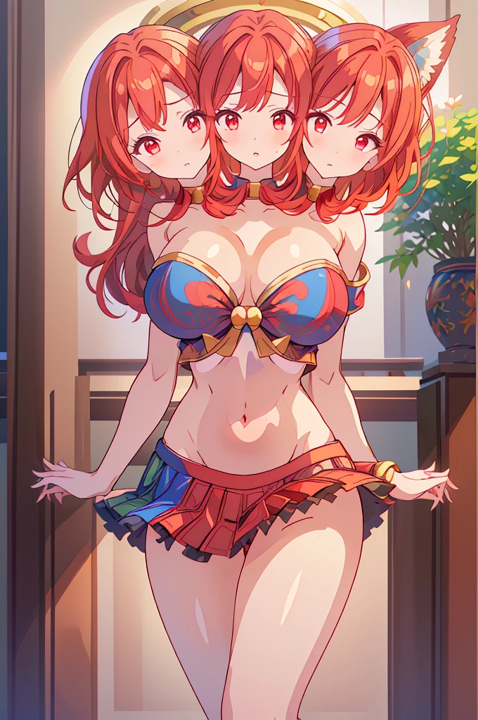 (masterpiece, best quality), best quality, (ultra-detailed), (3heads:1.5), 1girl, (hecatia lapislazuli:1.3), masterpiece, (high quality), (high resolution), (best quality:1.5, highres, UHD), highres, absurdo, ultra detail, ultra quality black top, crop top, ((stomach)), midriff, ((groin)), plaid skirt, miniskirt, multicolored skirt, normal ears, shackles, red hair, very long hair, wavy hair, sidelocks, red eyes, parted lips, open belly, sweat, cute, toned belly, hand on own chest, eyelashes, (24 year old woman:1.3), (masterpiece:1.5), (best quality:1.5), (beautiful detailed), extremely detailed CG, extremely delicate and beautiful, depth of field, (finely detailed face), (perfect details:1.2), (mature female:1.3), wide pelvis, slender, large veiny breast, 16k resolution, high quality, high definition, extremely detailed, masterpiece, best quality, red hair, long hair, alluring presence, twin braid, short skirt, close up, very big tits, huge , young, striped, earth (ornament), moon (ornament), girl with three heads, three headed girl, ((redhead)),