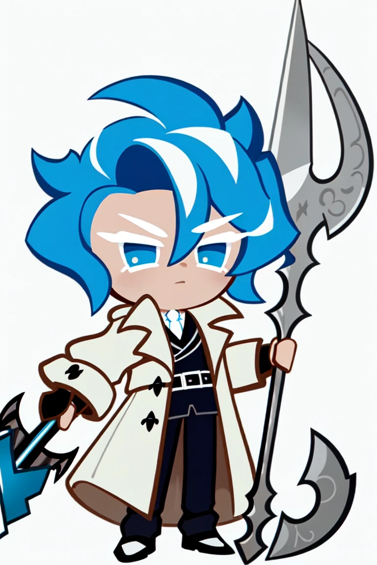 best quality, illustration, 1boy, ethereal, short blue hair, blue eye, white streaks on hair, black trench coat, battleaxe, white background, simple background, cookierun, solo, chibi, full body,