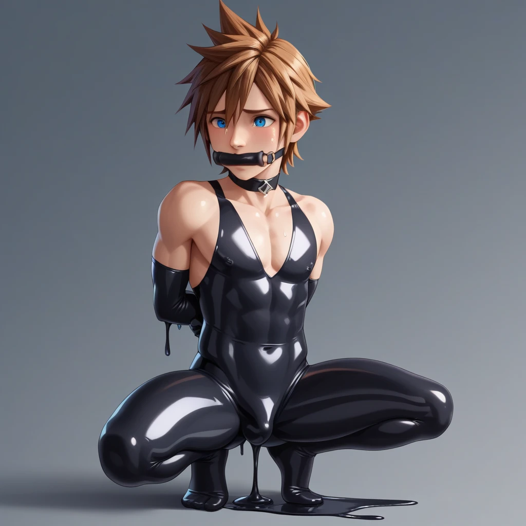 Kingdom hearts、((sky))、Arms behind back（ boy restrained and with erection、Squat、Mouth gag、）naked、Brown Hair、cute、Spiky hair、Are crying、Looks disgusting、（（Full body rubber suit、A sticky black liquid、））sexy