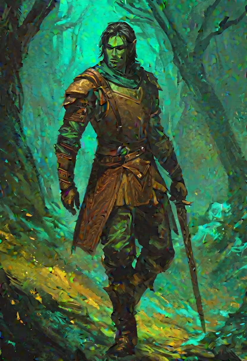 digitalpainting, pictorial \(styled\), male rogue from the Elder Scrolls series, trunk, 1920x1080, short dark hair, golden eye, Light green skin, brown leather armor, without shoulder pad, Dynamic shading, expressive brushstrokes, oil on canvas, extremely detaild, light and dark colors , full body image, near river in a forest,