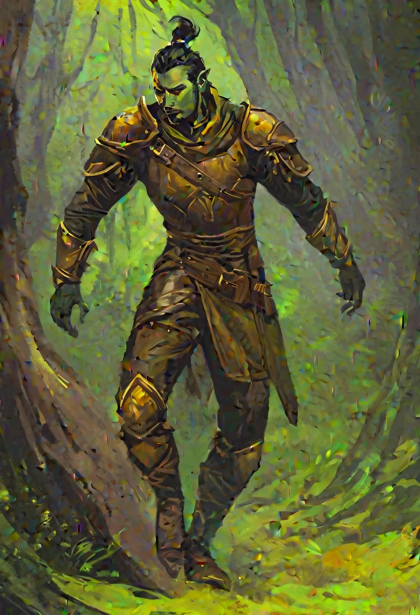 digitalpainting, pictorial \(styled\), male rogue from the Elder Scrolls series, trunk, 1920x1080, short dark hair, golden eye, Light green skin, brown leather armor, without shoulder pad, Dynamic shading, expressive brushstrokes, oil on canvas, extremely detaild, light and dark colors , full body image, near river in a forest,