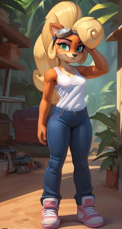 [Coco bandicoot], [Uploaded to e621.net; (Pixelsketcher), (wamudraws)], ((masterpiece)), ((high quality)), ((HD)), ((solo portrait)), ((full body)), ((front view)), ((furry; anthro)), ((detailed fur)), ((detailed shading)), ((beautiful render art)), ((front view)), ((shoes visible)), ((intricate details)), {anthro; orange fur, black nose, (cute half-closed green eyes), (pink eyeshadow), blonde curly hair, curly ponytail, (sweating), (smug smirk)}, {(white tank top pink lining), (small boobs), (nipple outline), (tight jeans), (pink sneakers), (goggles on head)}, {(standing), (hand at head), (looking ahead)}, [background; (tropical forest), (garage), (sun rays), (pink laptop)]