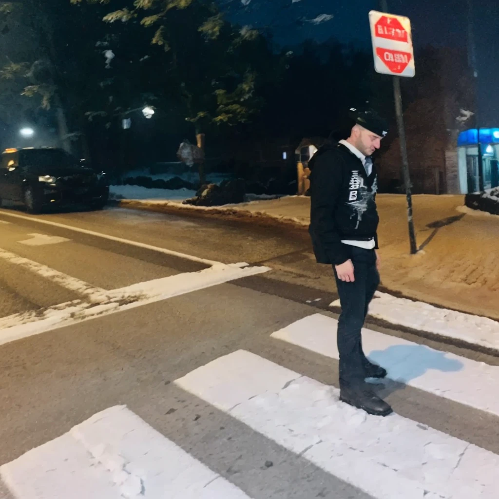 Man standing on road with snow falling down night theme ultra hd quality image