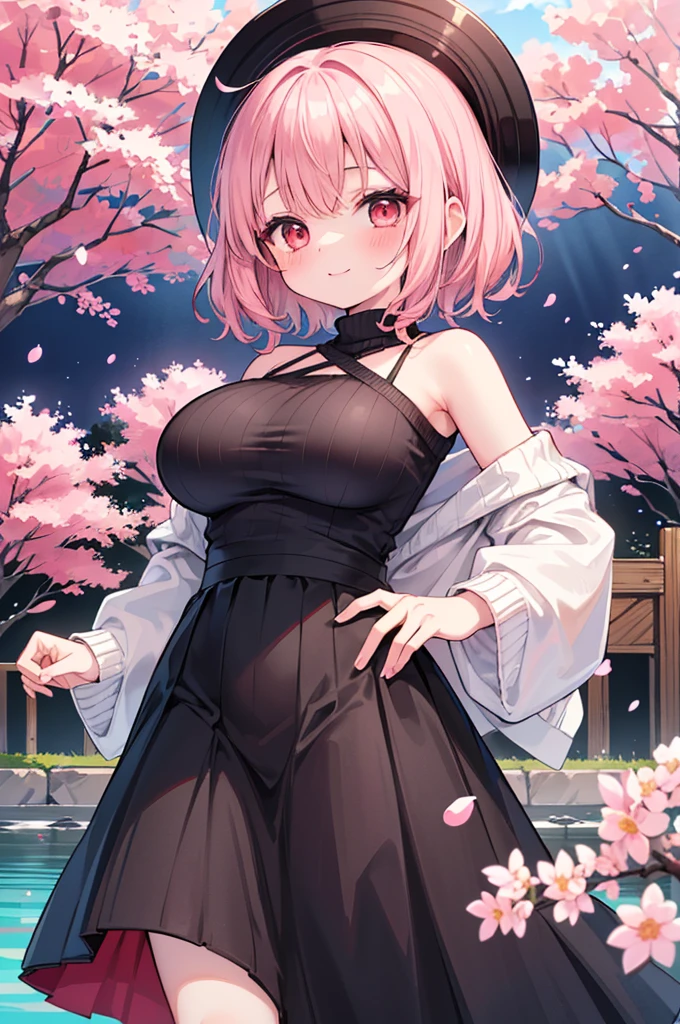 ((Masterpiece)),((high resolution)),((Best Quality)),Anime illustration,(((1girl))),,(wavy hair),(short hair),(pale pink hair color),small ponytail,Red eyes,(Big round eyes),((tareme)),,((loli face)),ry big breasts)),Short stature,,Off-the-shoulder sweater,(long maxi skirt),smile,Ladylike,cherry blossoms,