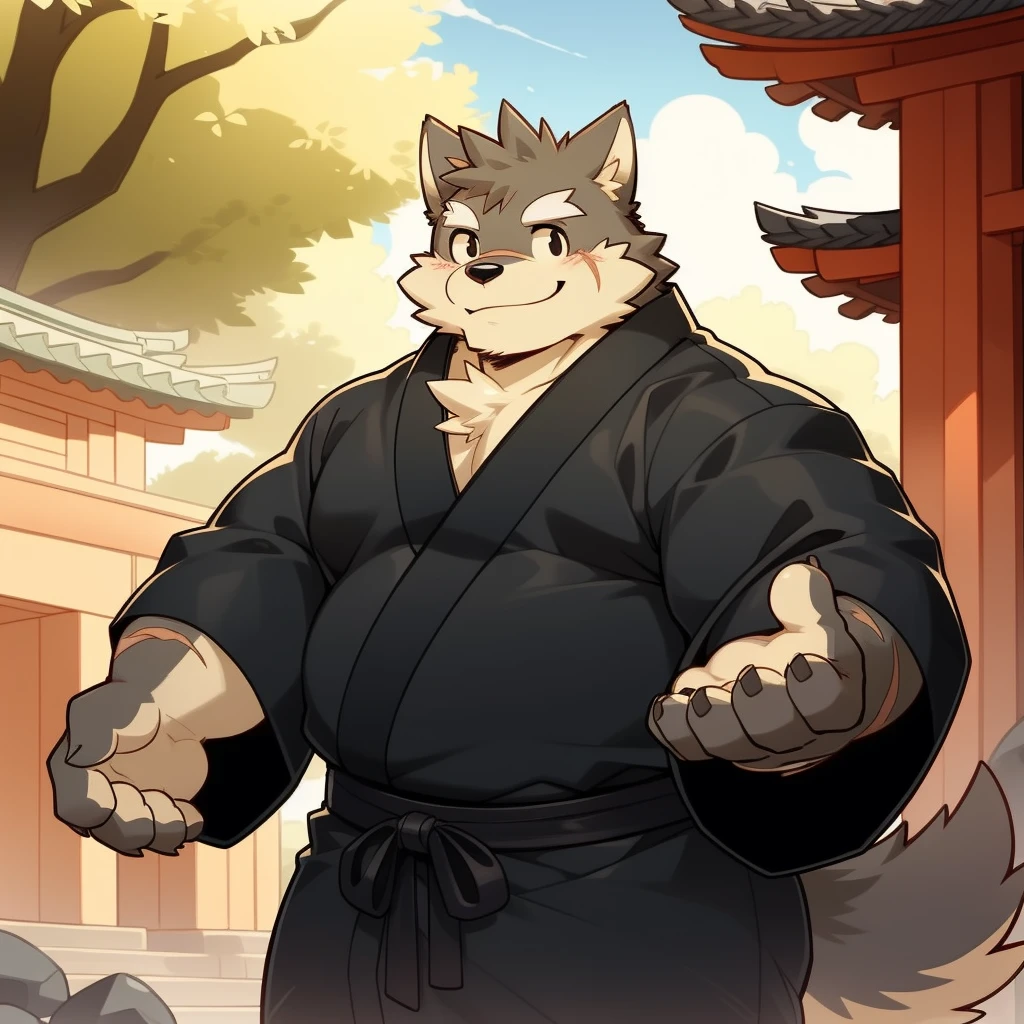 Scribble 黑色柴dog face,Cute face,Humanity(dog),(Black Kimono:1.3),Chubby,(White eyebrows:1.1),(Perfect black eyes),（artist:Takemoto Arashi）,(Bulging buttocks),shrine，Scars on the face，Smile，Wolf Tail。