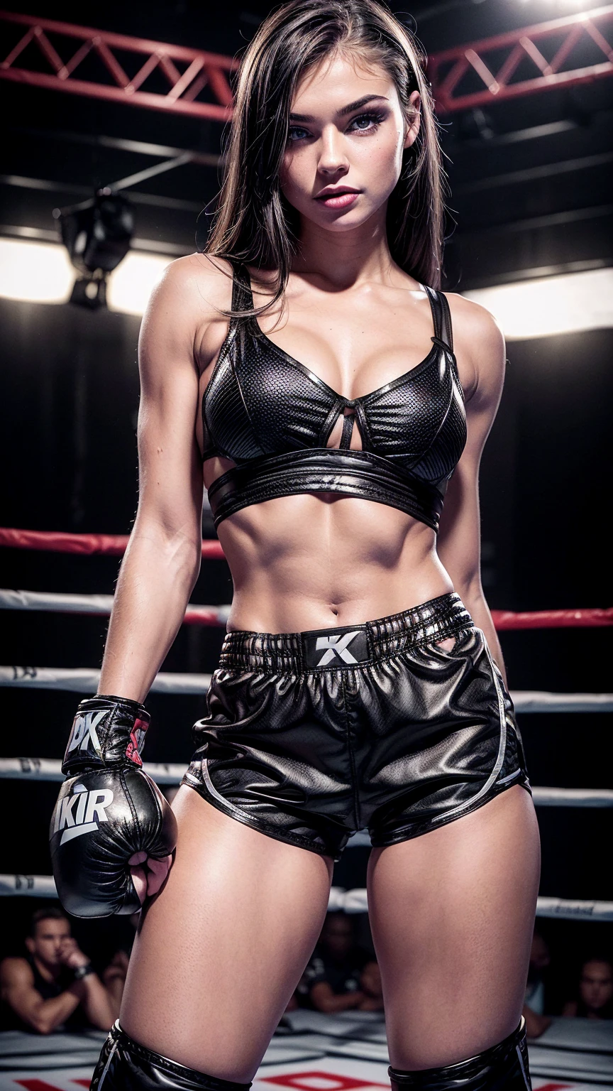 Beautiful cute young American bimbo, , (young cute sexy bimbo face), ((black boxing shorts:1.5)), ((sexy black boxing shorts:1.3)), ((tiny bra:1.3)), ((black boxing boots:1.3)), blue eyes, straight blonde hair, muscular arms, toned body, boxing gloves, (lipstick, heavy makeup:1.3), ((black boxing shorts:1.3)), barbie, slutty makeup, perky breasts, small firm breasts, intimidating pose in a boxing ring, ((full body portrait:1.3)),