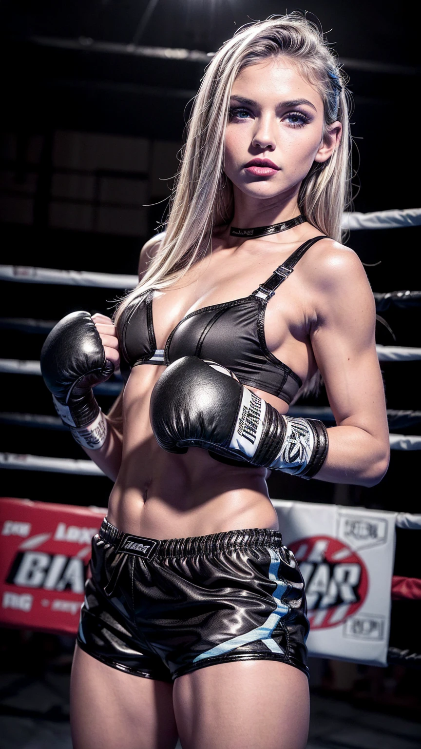 Beautiful cute young American bimbo, , (young cute sexy bimbo face), ((black boxing shorts:1.5)), ((sexy black boxing shorts:1.3)), ((tiny bra:1.3)), ((black boxing boots:1.3)), blue eyes, straight blonde hair, muscular arms, toned body, boxing gloves, (lipstick, heavy makeup:1.3), ((black boxing shorts:1.3)), barbie, slutty makeup, perky breasts, small firm breasts, intimidating pose in a boxing ring, ((full body portrait:1.3)),