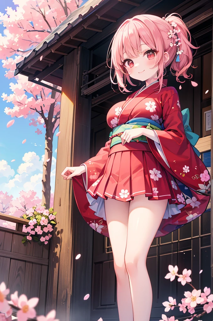 ((Masterpiece)),((high resolution)),((Best Quality)),Anime illustration,(((1girl))),,(wavy hair),(short hair),(pale pink hair color),small ponytail,Red eyes,(Big round eyes),((tareme)),15 years old,((loli face)),((very big breasts)),Short stature,,kimono,mini skirt,smile,Ladylike,cherry blossoms,