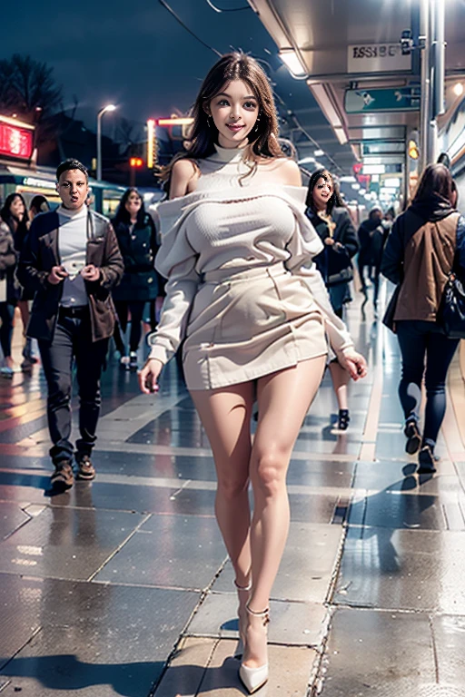 8k, masterpiece, raw photography, best quality, photorealistic, highly detailed 8k CG wallpaper, depth of field, cinematic light, lens flare, ray tracing (extremely beautiful face, beautiful thick lips, beautiful eyes) , face with intricate details, ((ultra detailed skin)) 1 cute Asian girl, (big breasts, narrow waist, shapely legs,very thin: 1.3), ((looking at viewer)), (big smile: 1.3), (red miniskirt), light eyes, walking, frontal shot, (pale skin), (big eyes), looking forward, (brown hair), ((off-the-shoulder white lace blouse)),( looking at viewer:1.3) very thin, huge breasts, (camel toe), neon, night, dim light, street, cityscape, blurred background, trees, buildings, (platform high heels), ((full body photo)),