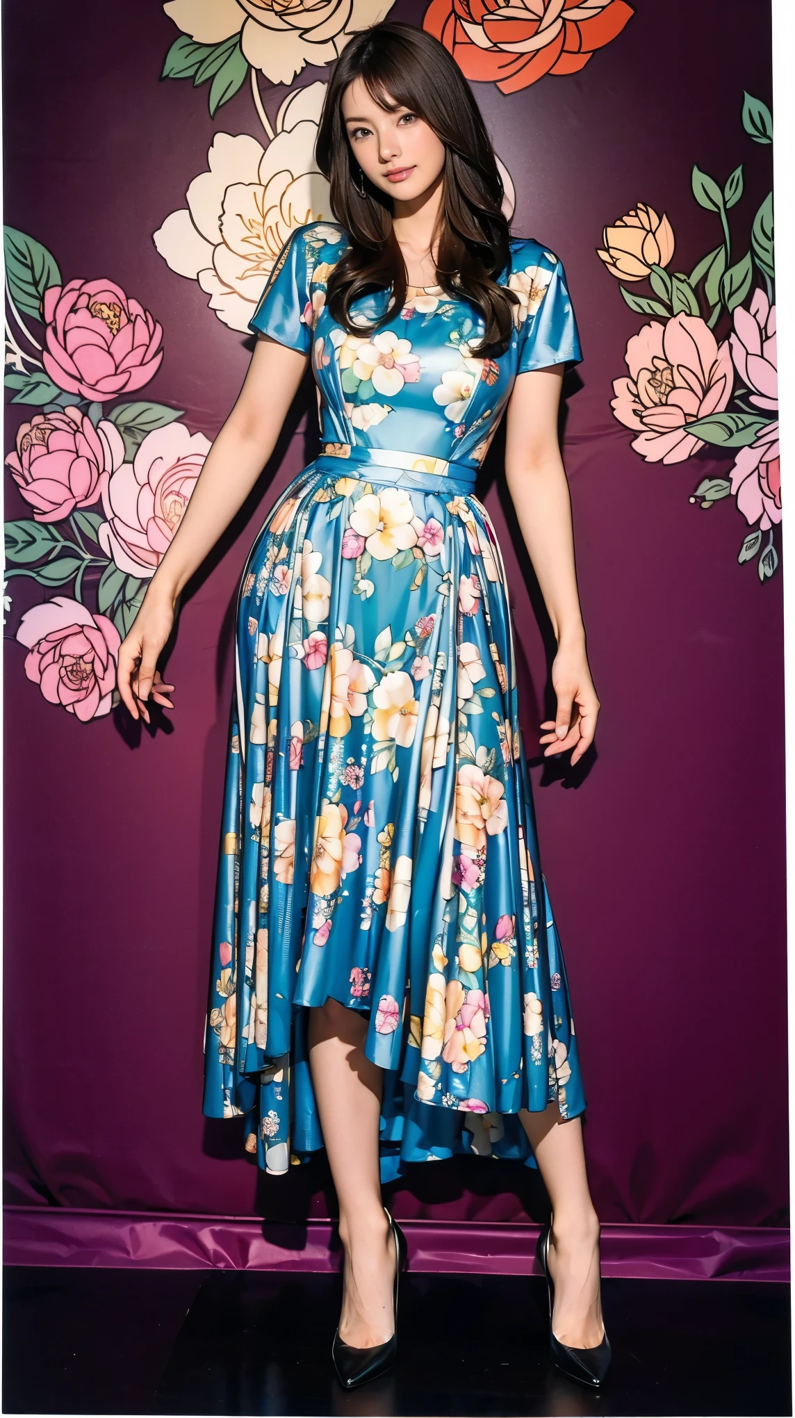 ((masterpiece)),(((Highest quality))),Thin thighs,Long legs,whole body:1.5,(One Girl:1.3),(Black pantyhose and thick pointy heels:1.3),(Wearing a floral long skirt dress:1.2),Short Blonde:1.2、Model pose,